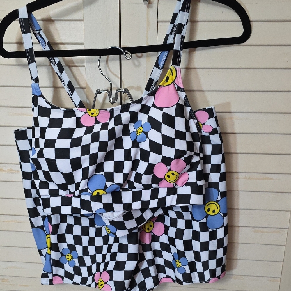 Floral Checkered Bikini Top And Shorts Set